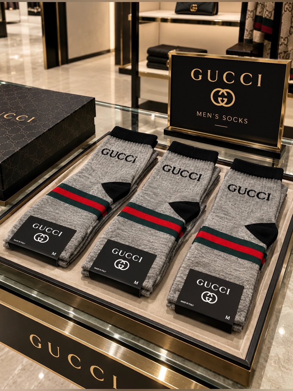 Gucci Grey Crew Socks with Green and Red Stripes